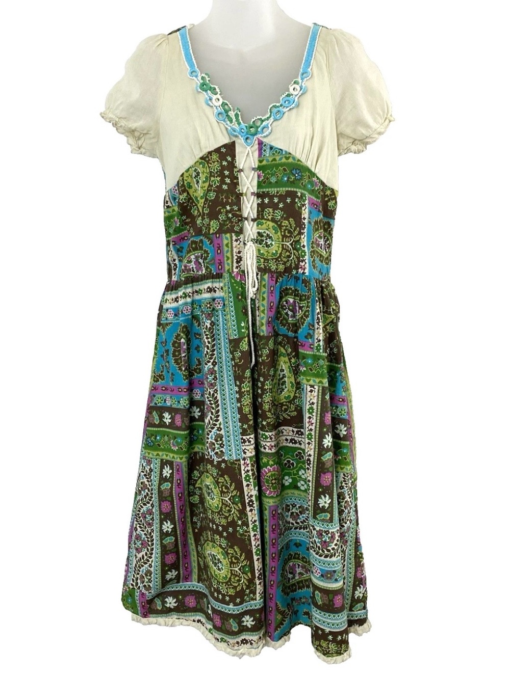 Vintage Bohemian Patchwork Midi Dress - Large